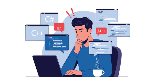 Software developer working on a laptop surrounded by programming language icons like C plus plus and Java with a cup of coffee.