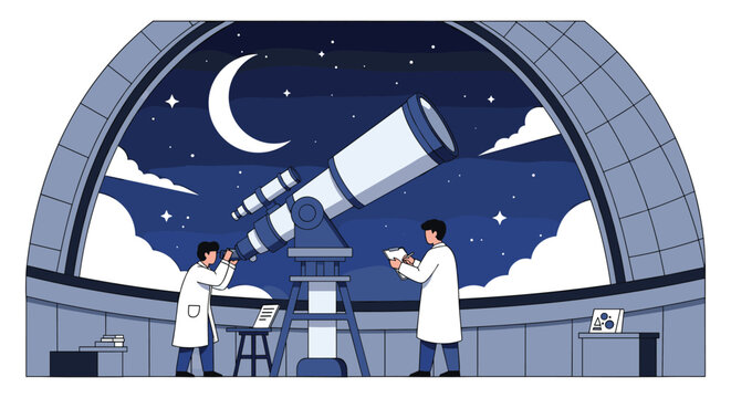 Two male astronomers in white coats looking through a large telescope at the crescent moon inside a modern observatory dome.