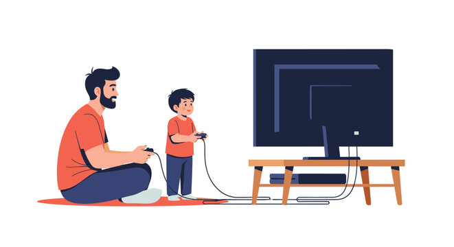 Father and son sitting together in front of a TV and playing video games with controllers in a simple home setting.
