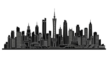 Obraz premium Black and white city skyline silhouette with modern skyscrapers