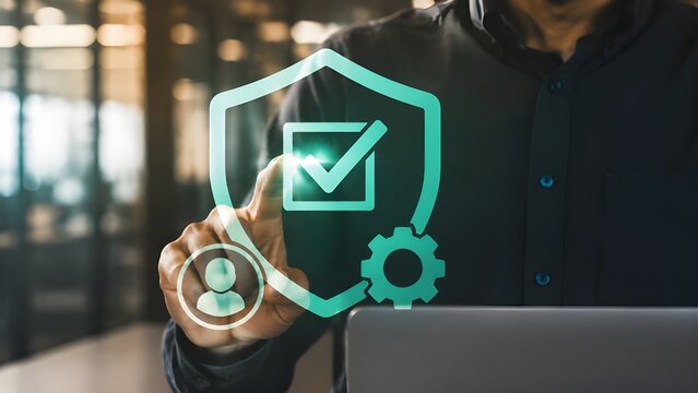 Person touching user access shield icon for identity verification security compliance
