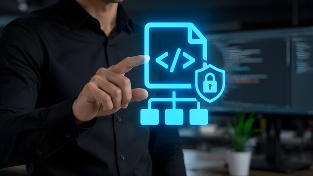 Developer pointing at secure source code tree diagram for cyber security devops