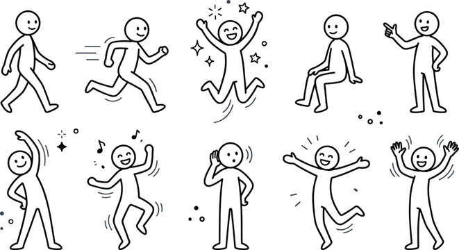 Stick Figure Illustration Featuring Joyful Gesture Scenes in Vector Artwork