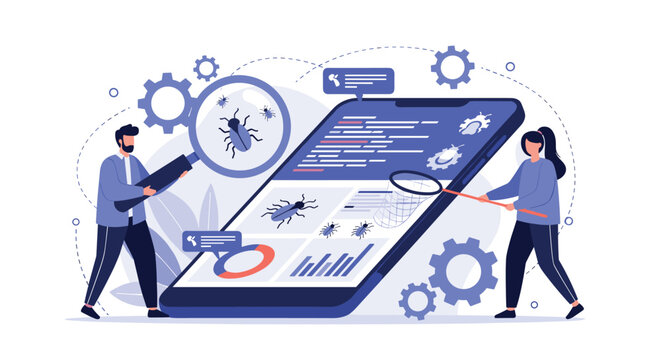Developers working together to find and fix software bugs on a large mobile smartphone screen using debugging tools and magnification.