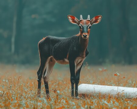 Young Male Nilgai Antelope Standing in a Field.