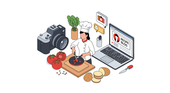 Professional female chef preparing a dish while filming a recipe blog with a digital camera and laptop in a modern kitchen studio.