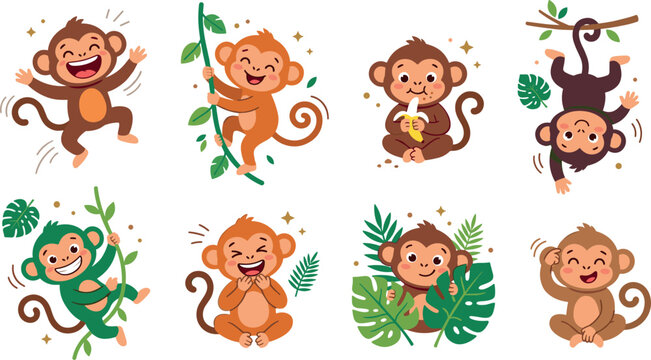 Monkey Illustration Featuring Playful Jungle Scenes in Vector Artwork