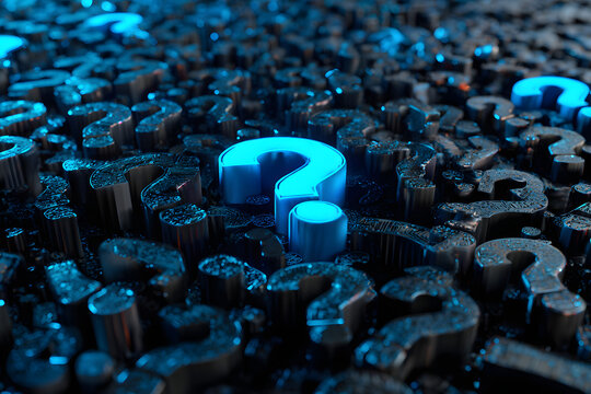 A dense background filled with many black 3D question marks, glossy and reflective, arranged in a modern chaotic pattern, dramatic lighting and soft shadows