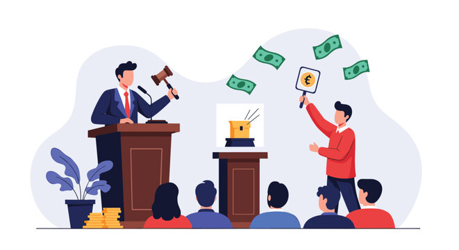 Professional auctioneer leads competitive bidding process in crowded auction hall with flying banknotes and bidders.