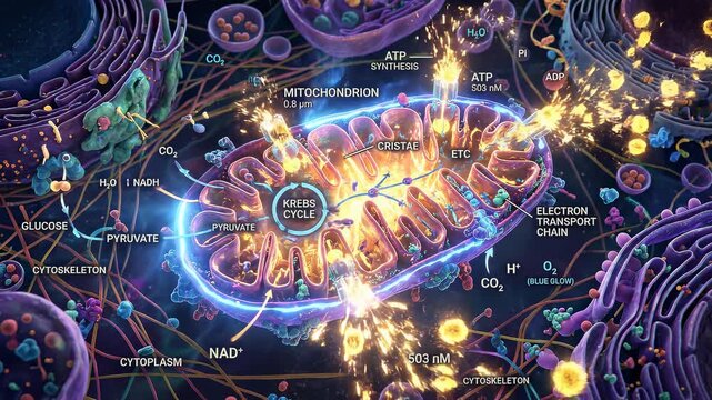 Detailed 3D Animation of Cellular Respiration and Mitochondria Function.