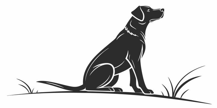Black silhouette of a sitting dog in profile on a simple meadow ground with silhouette illustration minimalist domestic isolated faithful companion training obedience watchful friendly
