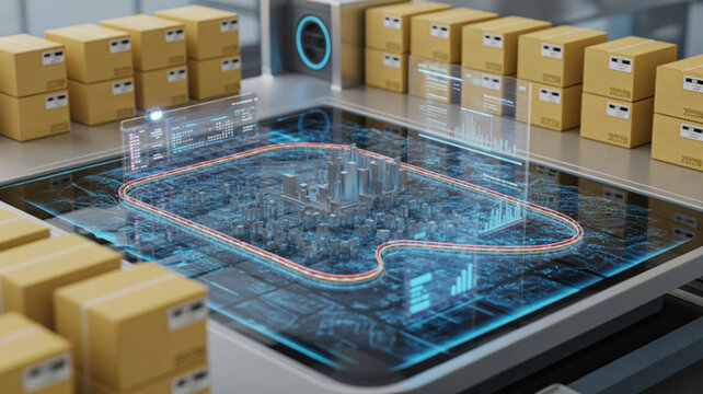Digital twin city model on smart table with logistics cardboard boxes for package tracking.