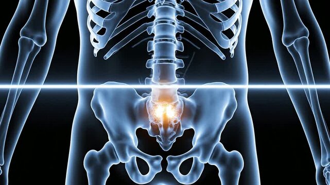 3D Medical Illustration of Human Spinal Anatomy Highlighting Lumbar Vertebrae and Pelvic Area with Spinal Cord Details for Health Education and Diagnosis