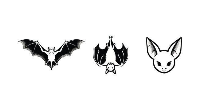 Set of Three Stylized Bat Designs in Black and White