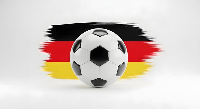 A classic soccer ball in front of a painted german flag