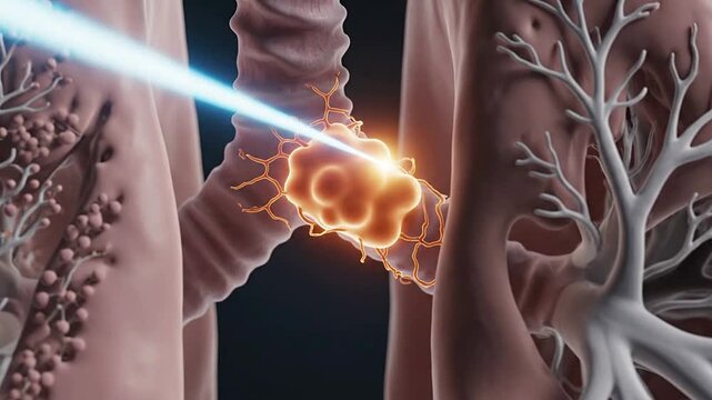 3D Render of Human Lungs Receiving Laser Treatment for Tumor Removal in a Detailed Medical Procedure Visual Against a Dark Background