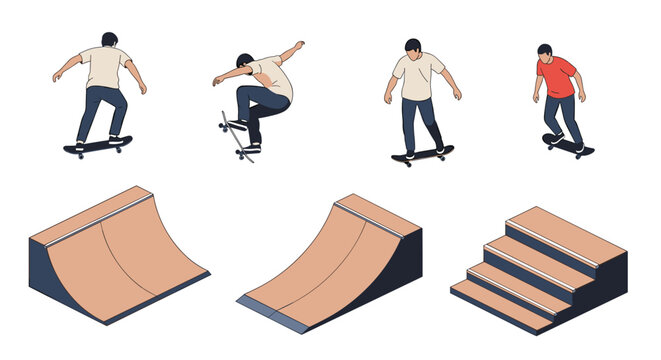 Comprehensive set of illustrations depicts various skateboarding tricks alongside isometric views of ramps, quarter pipes, and stairs.