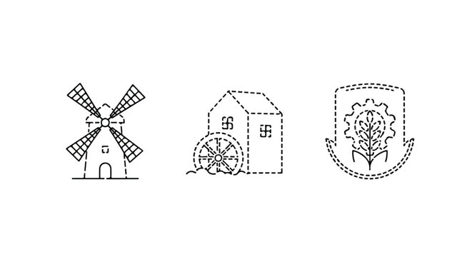 Set of Outline Windmill House with Water Wheel and Heraldic Emblem