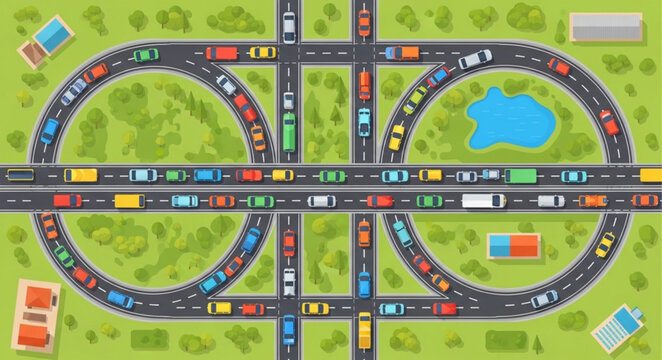 Busy highway intersection with heavy traffic congestion from above.