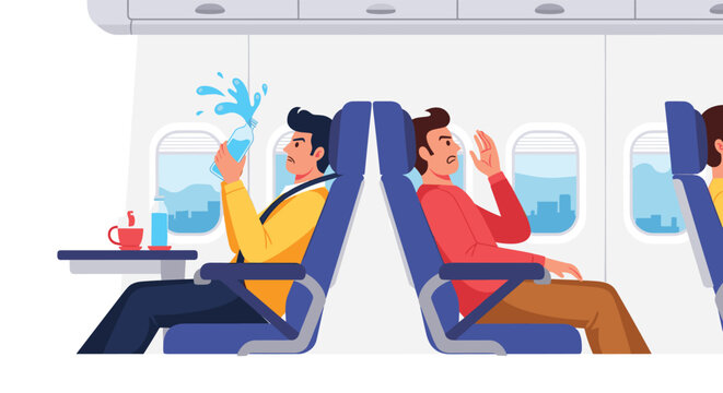 Flight passengers experience a stressful situation inside an airplane cabin as one man accidentally spills water from a plastic bottle.