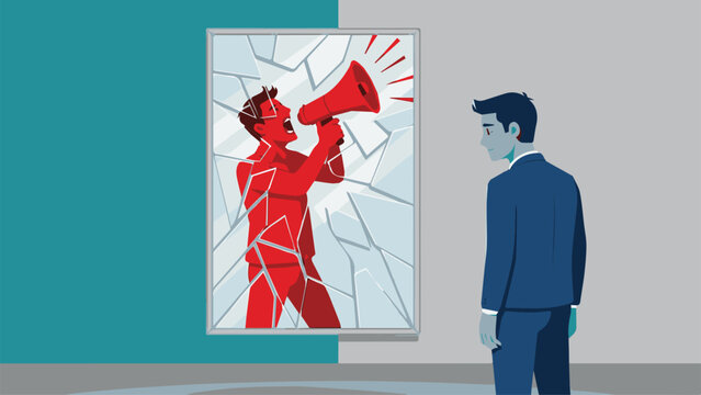 A high-concept illustration of a professional observing his yelling, aggressive alter ego in a fractured mirror, symbolizing internal conflict, stress, and unexpressed emotions