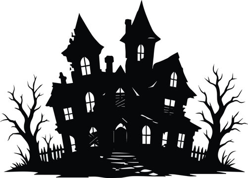 Isolated on an abandoned haunted house with crooked towers Silouette illustration vector art on white background
