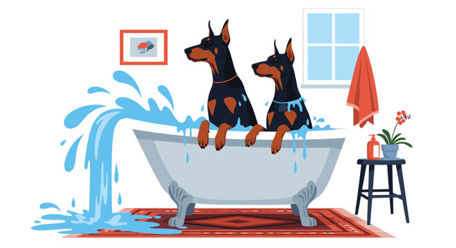 Two Doberman pinscher dogs are having a chaotic bath time in a large tub with water splashing over the sides onto a decorative rug.
