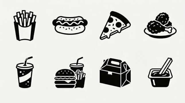 Collection of Fast Food Icons Representing Popular Menu Items.