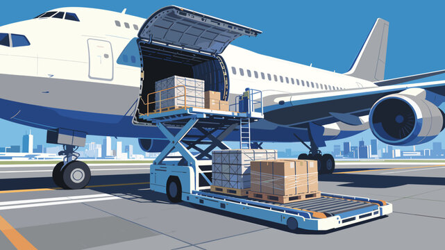 Cargo airplane being loaded with boxes on a lift platform at an airport tarmac with city skyline in the background.