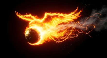 Fototapeta premium A golden soccer ball engulfed in flames shaped like a phoenix flying through the dark sky