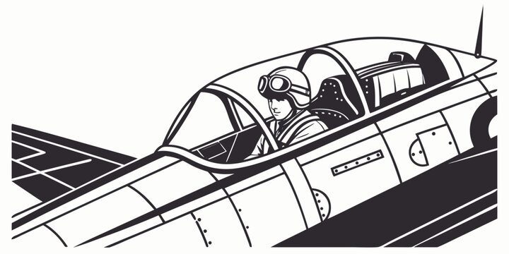 Graphic illustration of a pilot inside a fighter plane cockpit with goggles airplane aviation aircraft military aerospace transportation illustration isolated monochrome silhouette airforce