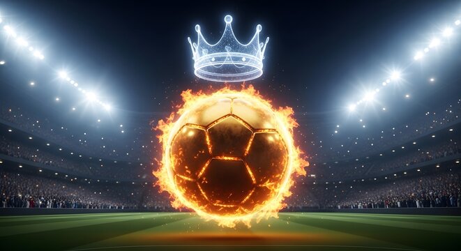 Fiery golden football with a glowing crown hovering above stadium pitch