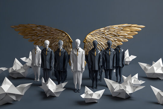Leader with elegant origami wings symbolizing transformation, team surrounded by floating folded-paper shapes, modern inspiring energy