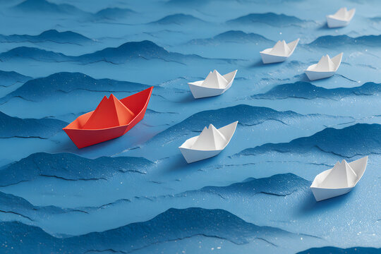 Leadership concept, red leader boat with white paper boats floating in the blue waves of the sea
