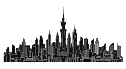 Obraz premium Black and white city skyline silhouette with tall futuristic towers
