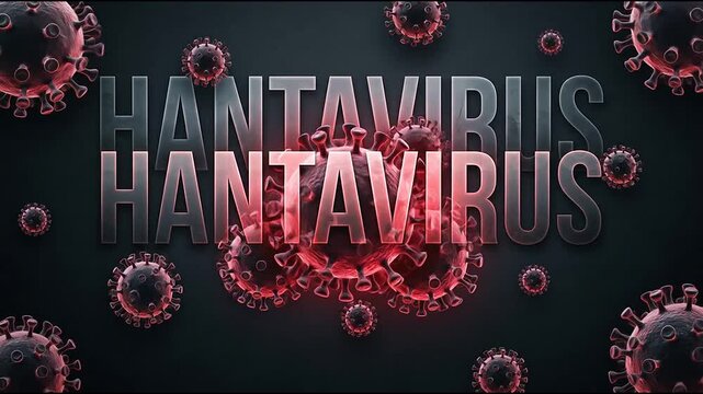Stacked hantavirus text with floating red virus cells.