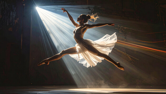 Ballet dancer leaps illuminated performance