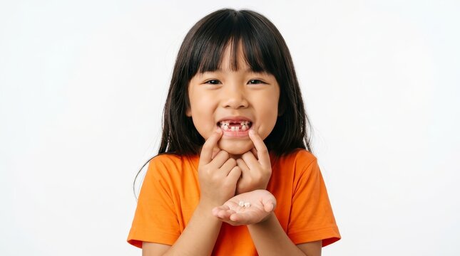 Cute Asian girl smiling and showing her missing teeth while holding loose teeth.
