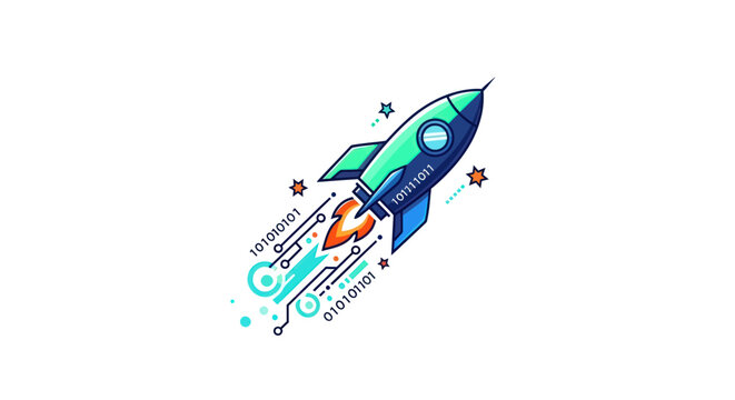 Rocket Launching with Binary Code Stream, Digital Technology Concept