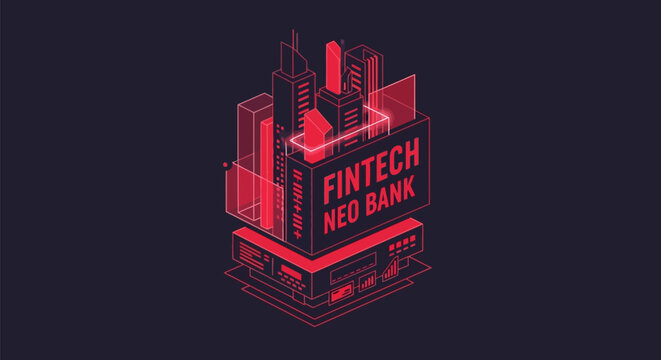 Fintech Neo Bank Building Futuristic Cityscape Illustration.