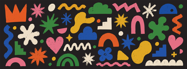 Fototapeta premium Set of handdrawn abstract shapes and doodle elements on black background