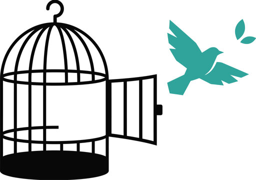 Bird flying out of an open birdcage illustration with open cage birdhouse wildlife illustration