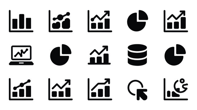 Set of 15 Black Business Chart and Graph Icons Vector