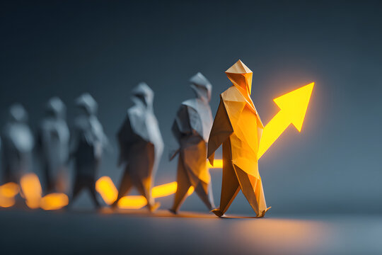 Origami leader holding a glowing folded-paper arrow, team members following behind, modern corporate feel, sharp folds, dynamic perspective