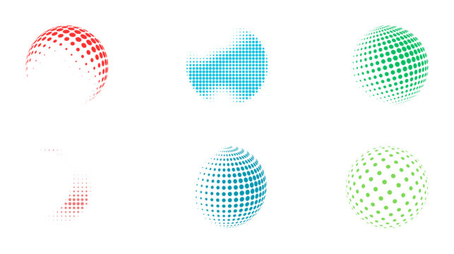 Abstract dotted globe and sphere vector graphics collection with abstract graphics collection halftone technology internet illustration isolated