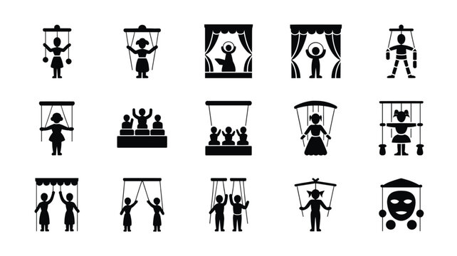 Set of 15 Black Puppet and Marionette Theater Icons Vector