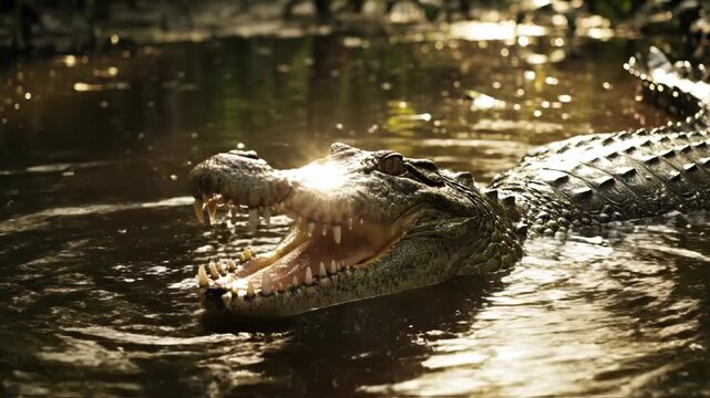 A large American alligator swims through dark, murky swamp water with its mouth wide open, revealing sharp teeth and pink gullet under bright sunlight reflections.
