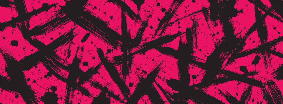 Abstract grunge background with black paint brush strokes on a vibrant pink backdrop, artistic texture for modern design and creative projects