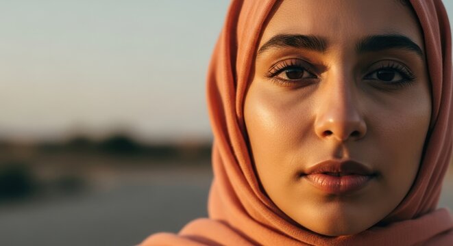 Closeup Portrait of a Young Muslim Woman Wearing a Peach Hijab Outdoors.