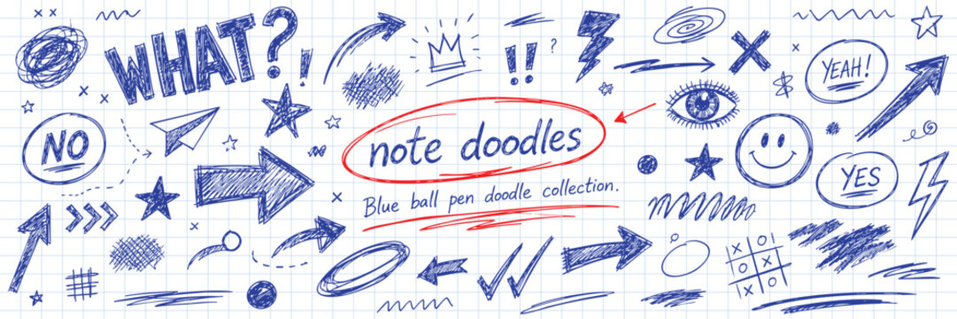 Hand drawn note doodles collection, blue ballpoint pen sketches on grid paper background